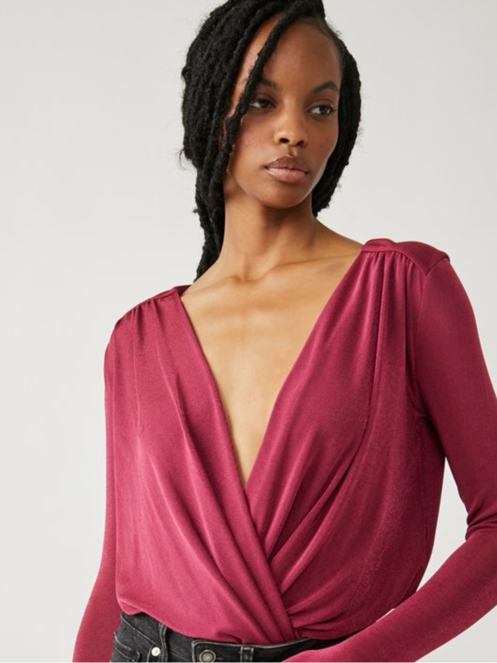 privy Wrap-Front Deep V Bodysuit in Wine Red